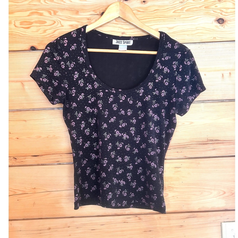 Vintage Baby Tee Women Large Black Pink Floral Slinky Scoop Neck Jazz Sport Rare